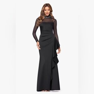 Xscape Black Illusion Sleeve Ruffle Slit Gown Size 4 NWT Evening Dress